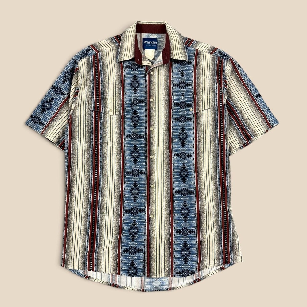 Vintage 90s Wrangler Aztec Pearl Snap Short Sleeve Western Shirt Mens L XL
